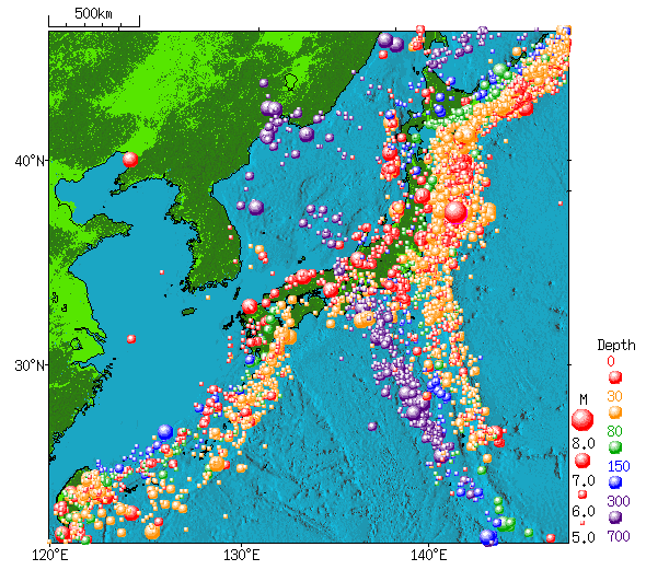 Activitat sísmica pel vols del Japó (1924-2008)