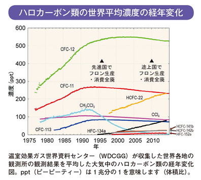 ハロカーボン類の世界平均濃度の経年変化