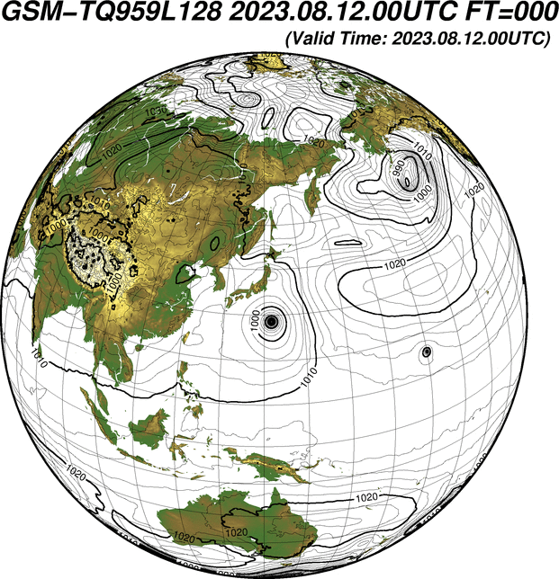 全球モデルの予報例（海面更正気圧と12時間降水量）