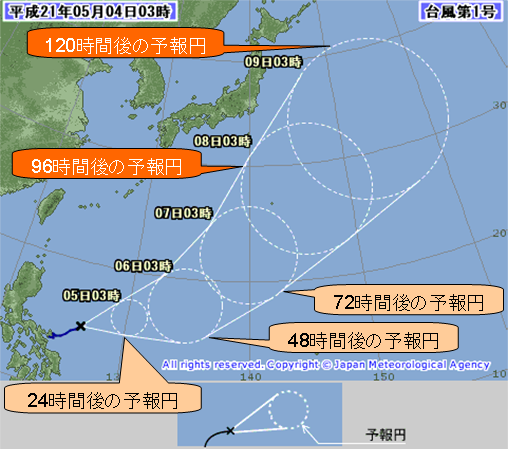 台風の5日先までの進路予報表示