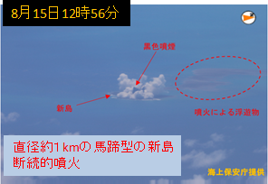 噴火の様子(8月15日、海上保安庁による機上観測