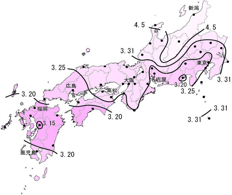 さくらの開花予想の等期日線図