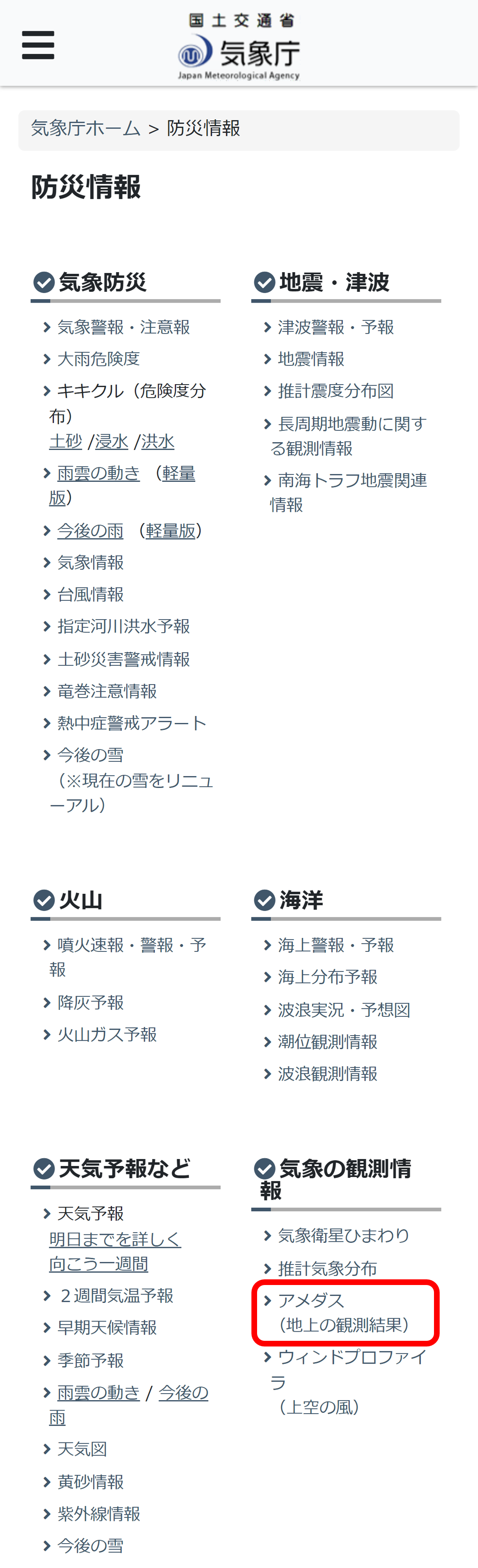 防災情報の一覧画面。「気象の観測情報」の項目内に「アメダス（地上の観測結果）」がありますので、これをタップしてください。