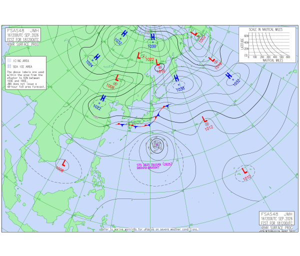 台風25号ドゥージェン 48時間予想天気図