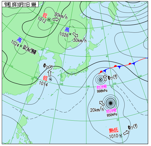 日本周辺の天気図（10/11(日) 09:00実況）