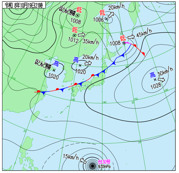 気象庁の最新のカラー天気図