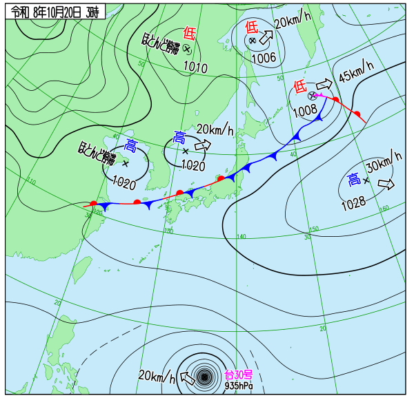 気象庁の最新のカラー天気図
