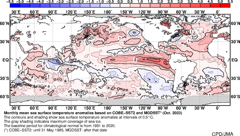 Monthly mean sea surface temperature (SST) anomaly (°C) in November 2002 during the mature phase of the 2002-2003 El Niño event