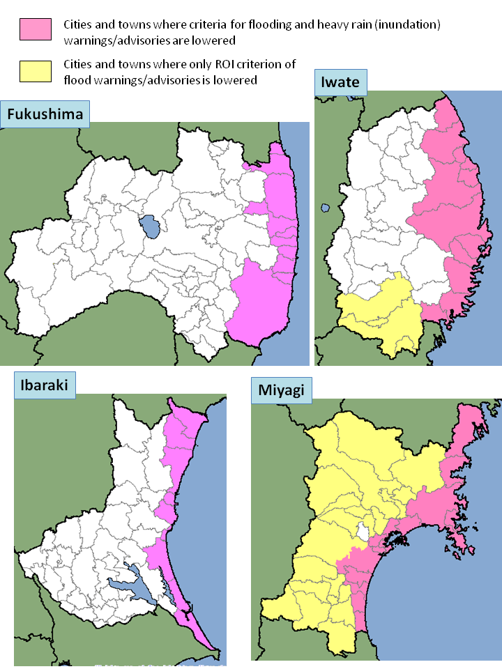 map of cities and towns where criteria for flooding and heavy rain (inundation) warnings/advisories are lowered