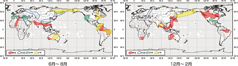 図。エルニーニョ現象発生時の世界の天候の特徴（3か月平均）