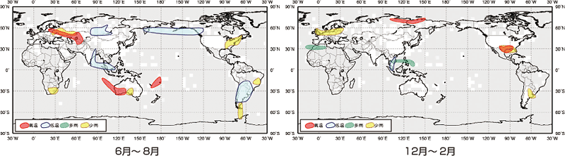 図。ラニーニャ現象発生時の世界の天候の特徴（3か月平均）