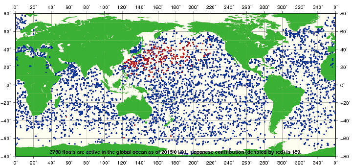 図。中層フロートの分布状況（図中の赤丸は我が国が投入したフロート）