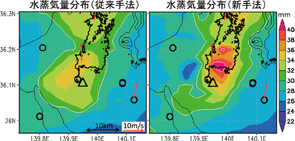 図。GPS等測位衛星による水蒸気量の解析結果