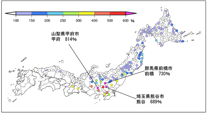 図。平成26年2月13日から19日までの期間最深積雪と年最深積雪の平年値との比較分布図