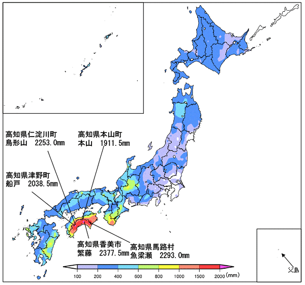 図。平成26年7月30日から8月26日までの総降水量分布図