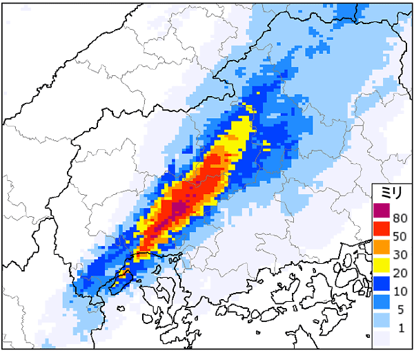 図。平成26年8月20日02時から03時までの広島県付近の解析雨量