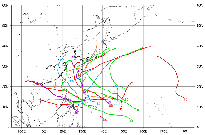 図。平成26年（2014年）に発生した台風の経路