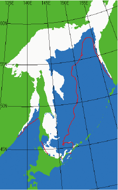 図。平成27年2月28日（最も拡大した日）の海氷分布図