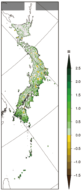 図。1時間降水量50ミリ以上の年間発生回数の変化