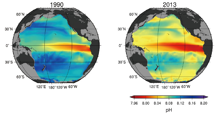 図。太平洋における表面海水中の海洋酸性化の状況