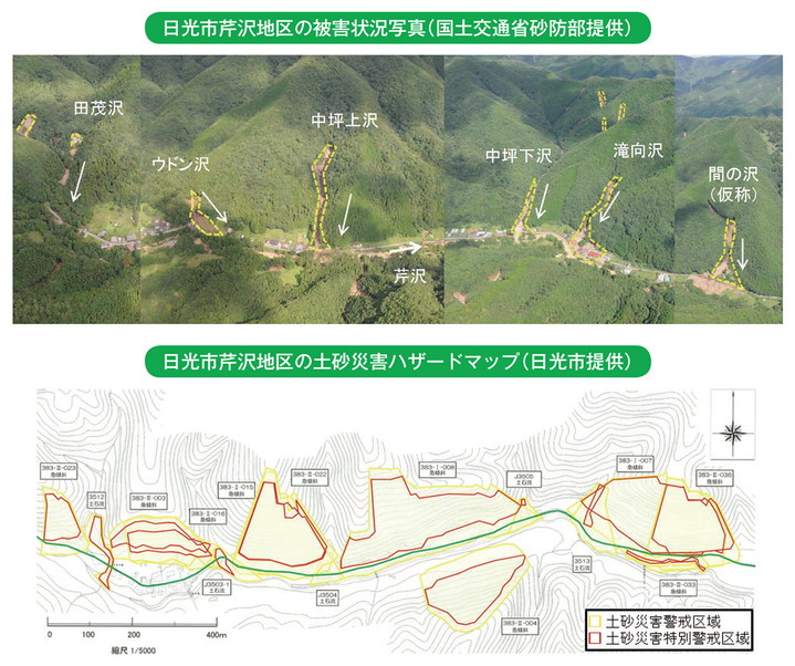 日光市芹沢地区の被害状況写真(国土交通省砂防部提供)