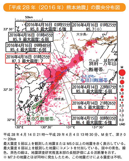 「平成28年（2016年）熊本地震」の震央分布図