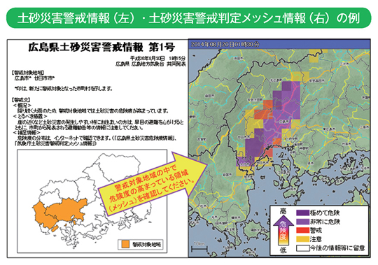 土砂災害警戒情報(左)・土砂災害警戒判定メッシュ情報(右)の例