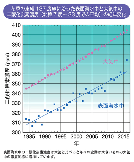 冬季の東経137度線に沿った表面海水中と大気中の二酸化炭素濃度（北緯7度～33度での平均）の経年変化