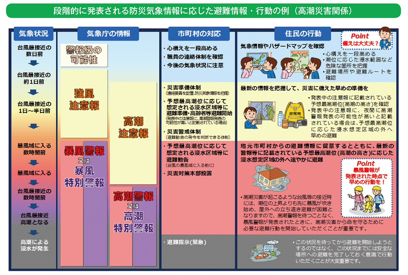 段階的に発表される防災気象情報に応じた避難情報・行動の例（高潮災害関係）