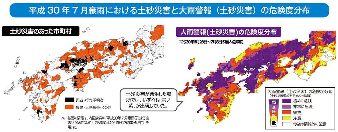 平成30年7月豪雨における土砂災害と大雨警報(土砂災害)の危険度分布