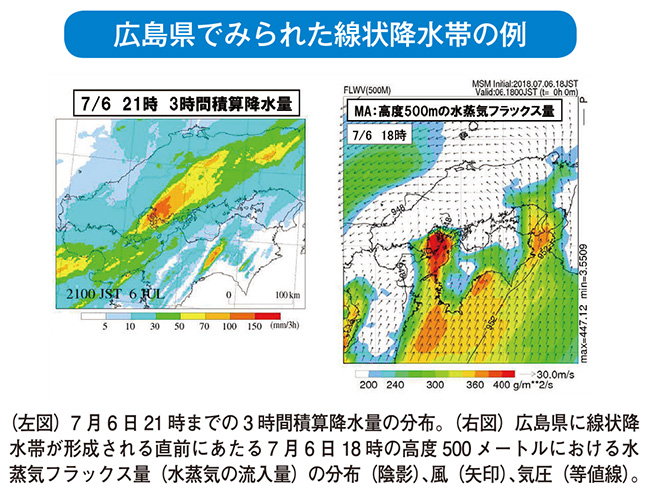 広島県でみられた線状降水帯の例