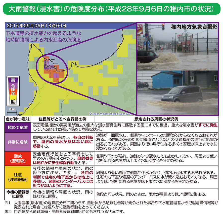 大雨警報(浸水害)の危険度分布(平成28年9月6日の稚内市の状況)
