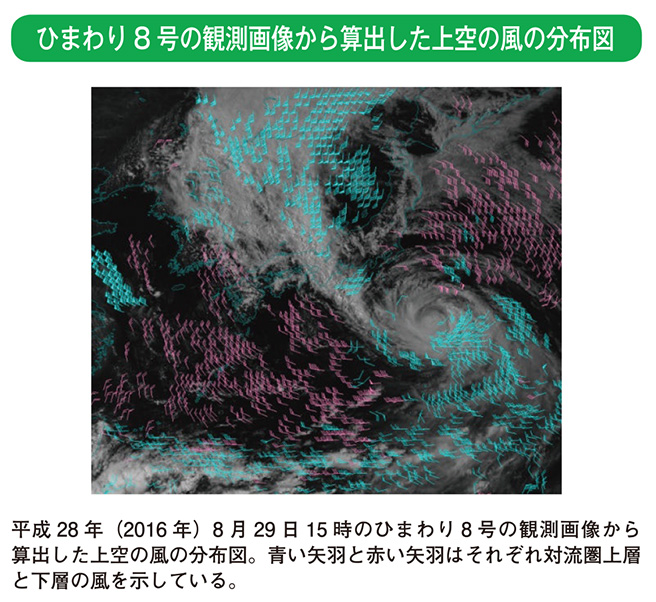 ひまわり8号の観測画像から算出した上空の風の分布図