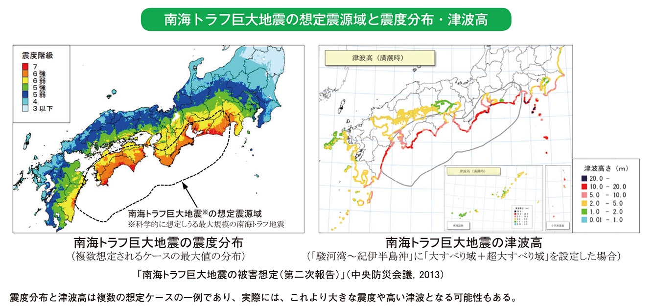 南海トラフ巨大地震の想定震源域と震度分布・津波高