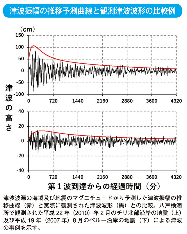 津波振幅の推移予測曲線と観測津波波形の比較例