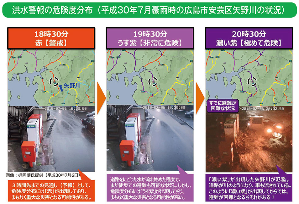 洪水警報の危険度分布（平成30年7月豪雨時の広島市安芸区矢野川の状況）