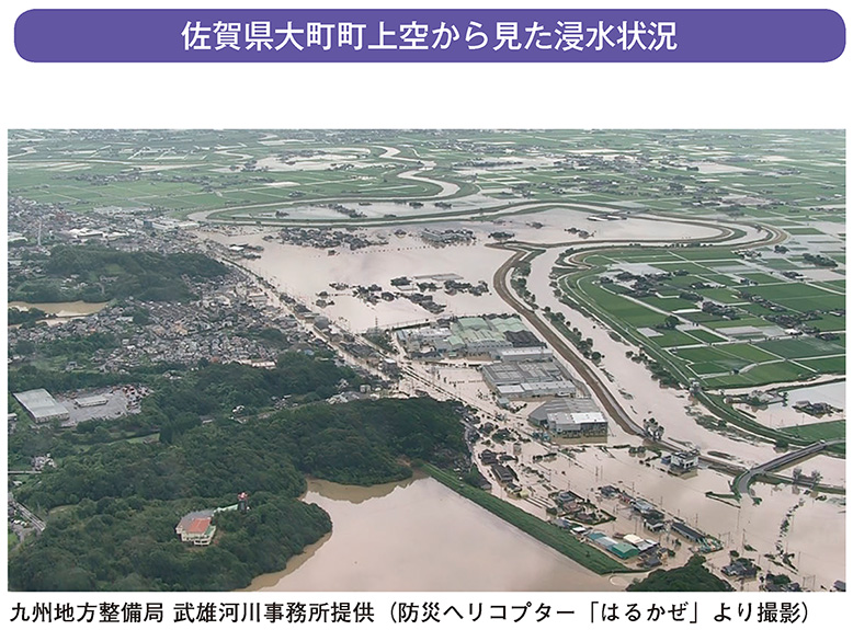 佐賀県大町町上空から見た浸水状況