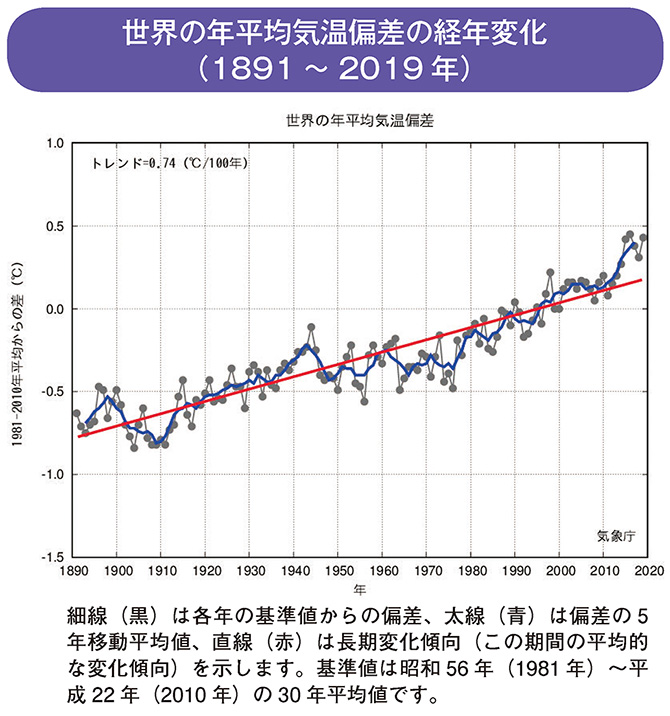 世界の年平均気温偏差の経年変化（1891～2019年）