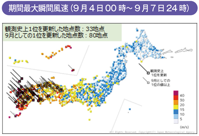 期間最大瞬間風速(9月4日00時~9月7日24時)