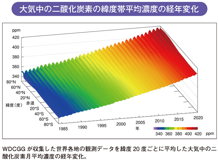 大気中の二酸化炭素の緯度帯平均濃度の経年変化