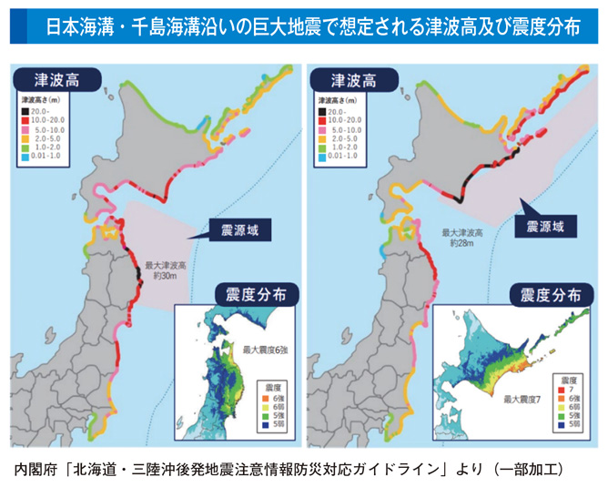 日本海溝・千島海溝沿いの巨大地震で想定される津波高及び震度分布