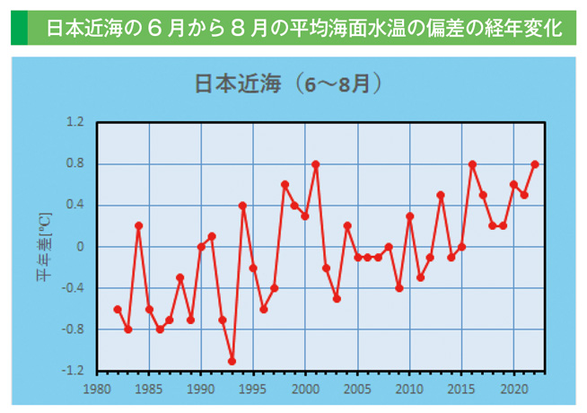 日本近海の海域区分日本近海の6月から8月の平均海面水温の偏差の経年変化