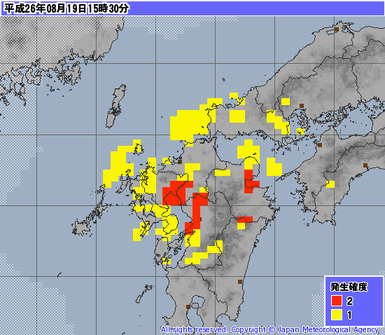 竜巻発生確度ナウキャストの発表例