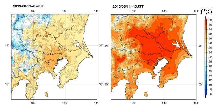 2013年8月11日05時（左図）、15時（右図）における関東地方の気温の分布図