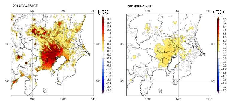 関東地方における2014年8月の5時（左図）と15時（右図）の都市化の影響による月平均気温の変化の分布図