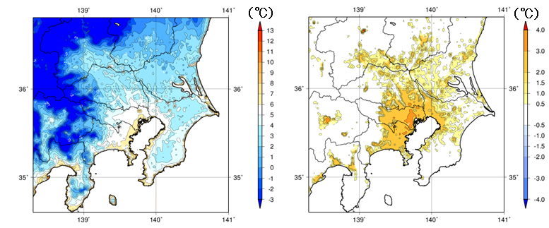 関東地方における6年（2010～2015年）平均した1月の月平均気温（左図）と都市化の影響による月平均気温の変化（右図）の分布図
