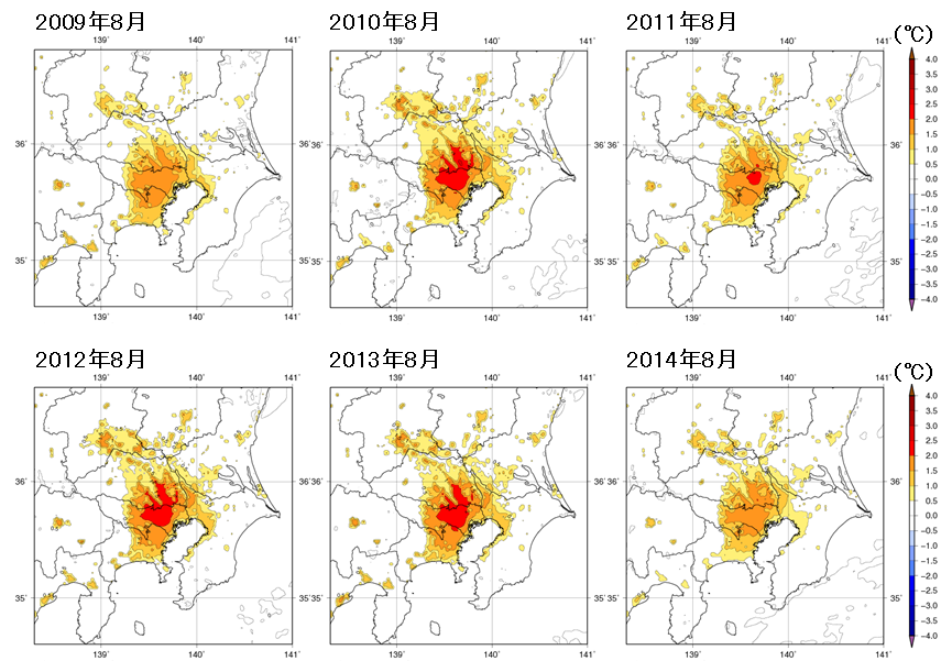 関東地方における2009～2014年8月の都市化の影響による月平均気温の変化の分布図