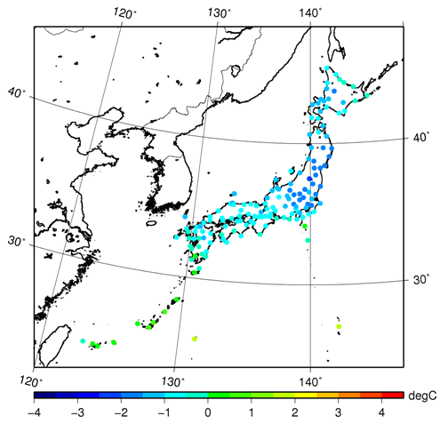 2010年4月の月平均気温の偏差の分布