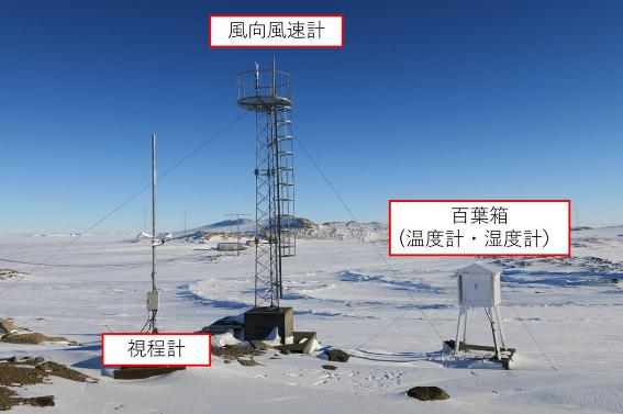 昭和基地の百葉箱と風向風速計と視程計