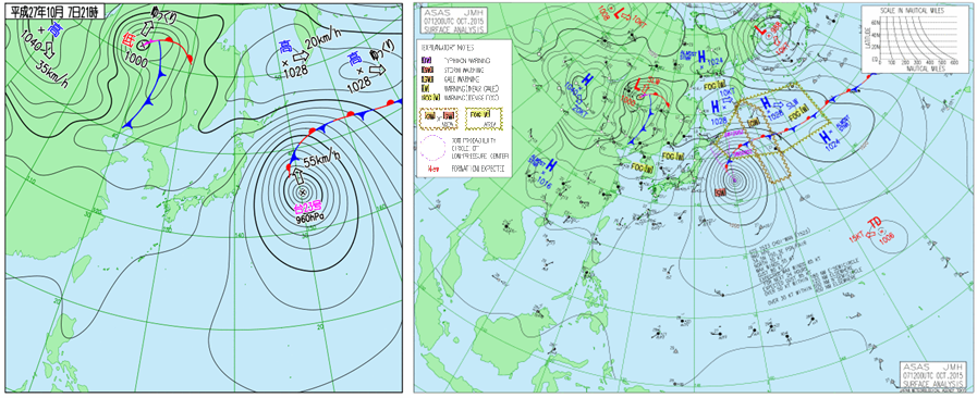 速報天気図の例とアジア天気図の例